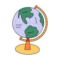 Colourful doodle globe with stand for school lesson of geography. Table Earth globe with world map, ocean, continents for back to school, study, education. Hand drawn outline isolated clipart. vector