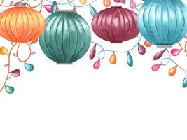 Paper lanterns with lamp garland. kandil. Traditional Asian round candil. Chinese New Year. Festival of lights. Watercolor illustration. Copy space for text. Festive frame for greeting card design vector