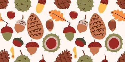 Autumn seamless pattern design. Repetition background with chestnut, ginkgo, willow and linden leaves. Fall ornament isolated. Seasonal color gift paper backdrop. vector