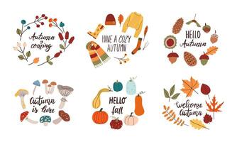 Autumn hand drawn lettering set . Fall season handwritten slogan. Autumn phrase with cute cozy design elements isolate on white background. vector