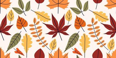 Autumn leaves pattern. Falling leaf seamless background with Oak, maple, chestnut, linden, aspen, walnut and rowan foliage in cartoon style. Autumn mood forest print for textile or wrapping paper. vector