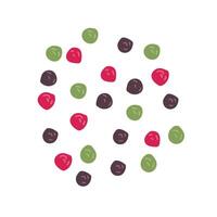 Groups of several peppercorns of different colors green and black pepper, pink Brazilian or Peruvian. Flat doodle illustration. Side view. vector