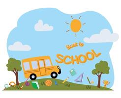 back to school background with illustration of school bus and schools supplies vector