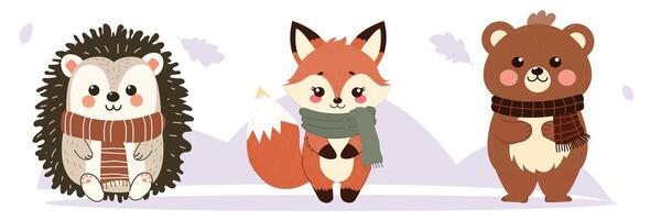 Set of animals in auumn. Cute hedgehog, fox and bear. vector