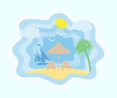 summer sea view sky and beach paper cut art banner illustration flat style background for you design vector