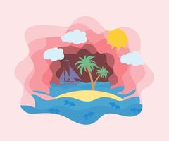 summer sea view sky and beach paper cut art banner illustration flat style background for you design vector