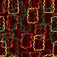 Seamless pattern with wavy rectangular shapes. Burgundy cartoon background. Yellow, green and orange colors. vector