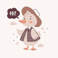 Goose in vintage clothes. Text Hello. Cute cartoon Bohemian nursery posters in beige and gray colors. Boho print vector