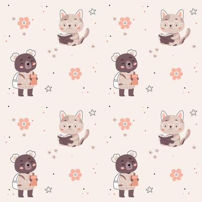 Cute pattern in Scandinavian, boho, minimalism style in beige neutral pastel colors.Cats and bears, animals.Decor for the nursery, baby shower, textiles