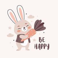 A hare hugs a carrot.Text Be happy. Cute cartoon Bohemian Scandi nursery posters in beige and gray colors. Boho print vector