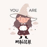 Little witch with a pumpkin Text You are magical. Cute cartoon Bohemian scandinavian nursery posters in beige and gray colors. Boho print vector