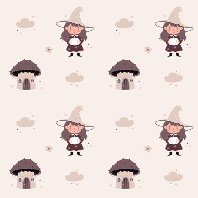 Cute pattern in Scandinavian, boho, minimalism style in beige neutral pastel colors.House,mushroom, witch .Decor for the nursery, baby shower, textiles