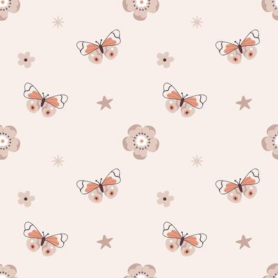 Cute pattern in Scandinavian, boho, minimalism style in beige neutral pastel colors.Butterflies and flowers.Decor for the nursery, baby shower, textiles