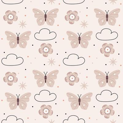 Cute pattern in Scandinavian, boho, minimalism style in beige neutral pastel colors.Butterflies, clouds and flowers.Decor for the nursery, baby shower, textiles