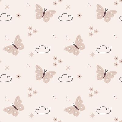 Cute pattern in Scandinavian, boho, minimalism style in beige neutral pastel colors.Small flowers and butterflies.Decor for the nursery, baby shower, textiles