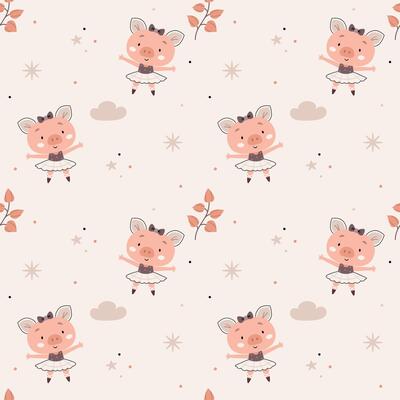 Cute pattern in Scandinavian, boho, minimalism style in beige neutral pastel colors.Pig and clouds, animals.Decor for the nursery, baby shower, textiles