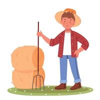 A male farmer in work clothes is standing with a pitchfork and collecting hay.Farming person with hayfork instrument in hands collecting dry grass from field. vector