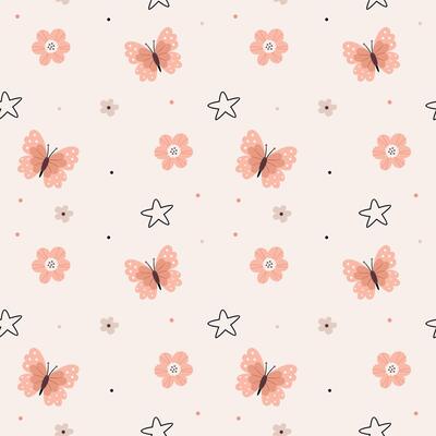Cute pattern in Scandinavian, boho, minimalism style in beige neutral pastel colors.Butterflies, stars and flowers.Decor for the nursery, baby shower, textiles