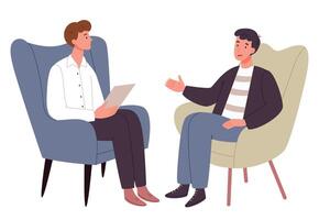 A man at an appointment with a man's psychologist.Male psychotherapist sitting in front of the patient, listening to him and making notes. vector