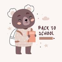 A bear with a backpack and a book. Text Back to school. Cute cartoon Bohemian scandinavian nursery posters in beige and gray colors. Boho print vector