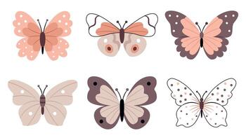 Set of butterflies in scandinavian, boho, minimalist style in beige neutral pastel colors. vector