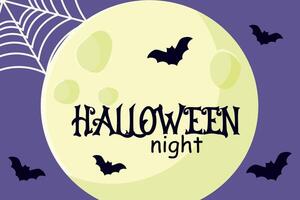 Happy halloween banner or party invitation. Halloween night greeting card with a full moon, bats, and spider web on a purple background. Design template for decoration, festive event promotions. vector