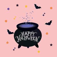 Halloween greeting card featuring a magical cauldron with bats, stars on a pink background. Design template for party invitation, decoration, greeting cards, and festive event promotions. vector