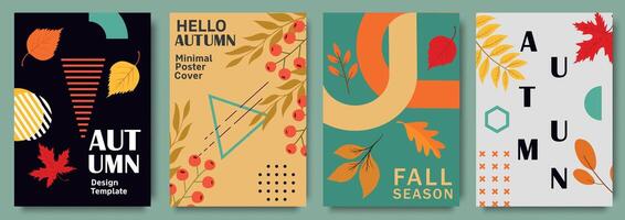 Set of modern autumn posters with abstract geometric shapes and fall leaves in warm tones featuring seasonal greetings and decorative designs. Template for advertising, web, social media. vector