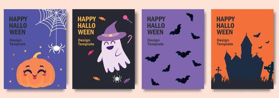 Set of colorful Halloween greeting cards with festive designs featuring a cute pumpkin, ghost with a witch hat, bats, and a haunted house. Design for party invitation, decoration, greeting cards. vector