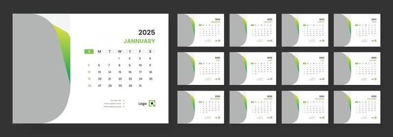 Desk calendar template 2025, new year 2025 table calendar, week starts on sunday. vector