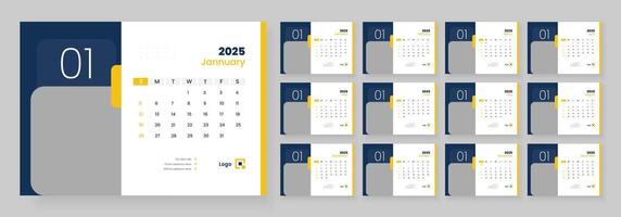 Desk calendar template 2025, new year 2025 table calendar, week starts on sunday. vector