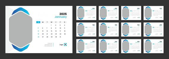 Desk calendar template 2025, new year 2025 table calendar, week starts on sunday. vector