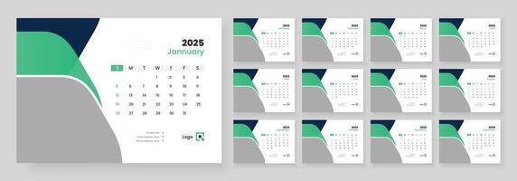 Desk calendar template 2025, new year 2025 table calendar, week starts on sunday. vector