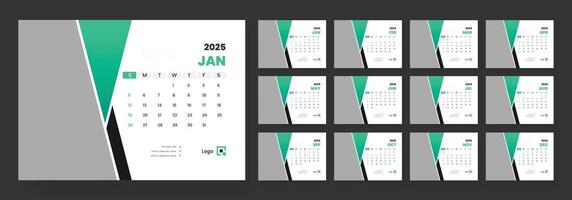 Desk calendar template 2025, new year 2025 table calendar, week starts on sunday. vector