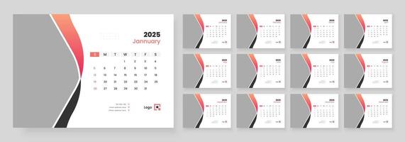 Desk Calendar 2025 template design, Week start on Sunday, Office Calendar 2025. vector