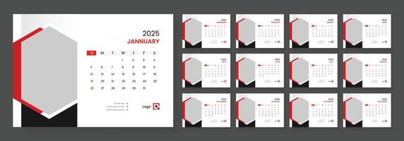 Desk calendar template 2025, new year 2025 table calendar, week starts on sunday. vector