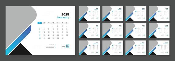 Desk calendar template 2025, new year 2025 table calendar, week starts on sunday. vector
