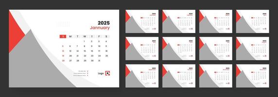 Desk calendar template 2025, new year 2025 table calendar, week starts on sunday. vector