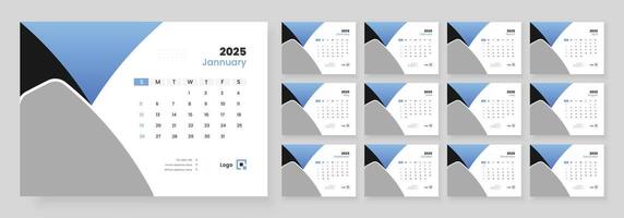 Desk calendar template 2025, new year 2025 table calendar, week starts on sunday. vector
