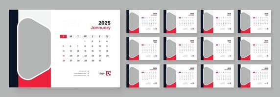 Desk calendar template 2025, new year 2025 table calendar, week starts on sunday. vector