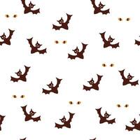 Seamless pattern design with Halloween theme, background with elements cat, skull, ghost, potion, bat, moon, crescent, pumpkins, stars, eyes and candy vector