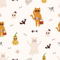 Halloween cartoon witchcraft seamless pattern. A cat, a fish skeleton, a bat, a web vector
