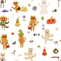 Halloween theme seamless design pattern background with a cat on a broom, in a skeleton costume with a scythe, a mummy, a ghost. vector