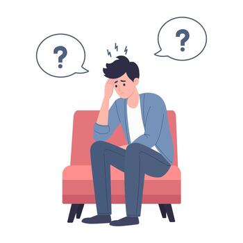 The man suffers from stress disorder, depression, mental disorder. The person doubts the choice of path, method, decision-making, reflection on the problem. vector