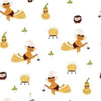 Halloween seamless design with cat on broom, owl, pumpkin, mushroom. illustration, set, set of elements vector