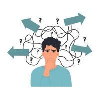 Choice concept. A person doubts the choice of path, method, decision-making, thinking about a problem. Illustration of arrow directions. Choice dilemma. vector
