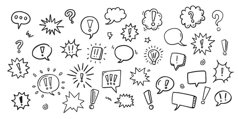 Set of hand drawn doodle speech bubbles. Cute Doodle pen line elements. Hand drawn doodle sketch style circle, cloud speech bubble grunge element set. illustration.