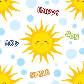 The seamless pattern features a playful and cheerful pattern of smiling suns with various words and blue circles scattered around. vector