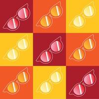 A vibrant pattern featuring multiple sets of sunglasses in various shades of red, orange, and yellow. The repeating design elements create a lively and dynamic composition. vector