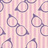 Seamless pattern featuring stylized glasses frames on a pink and purple striped background. The repetitive design offers a playful and trendy aesthetic vector